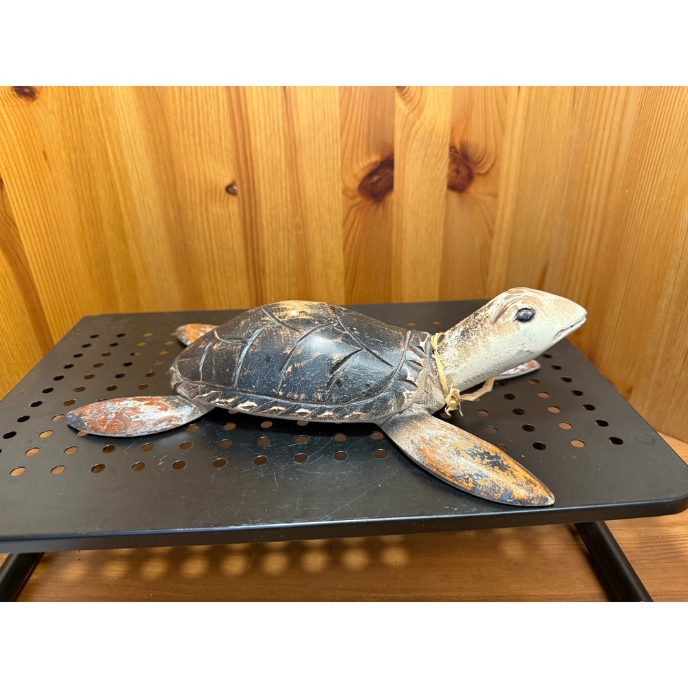 Rustic Wooden Sea Turtle Coastal Nautical Decor Figurine 11"
